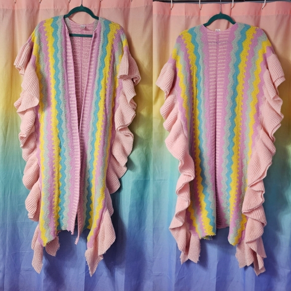 Sweaters - Pastel Rainbow Kawaii Fairy Kei Frilly Open Front Longlike Cardigan Sweater